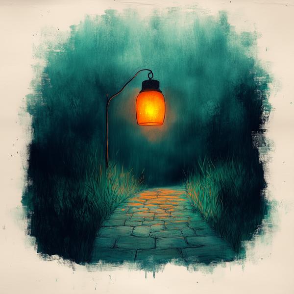A warm lantern on a path through nature